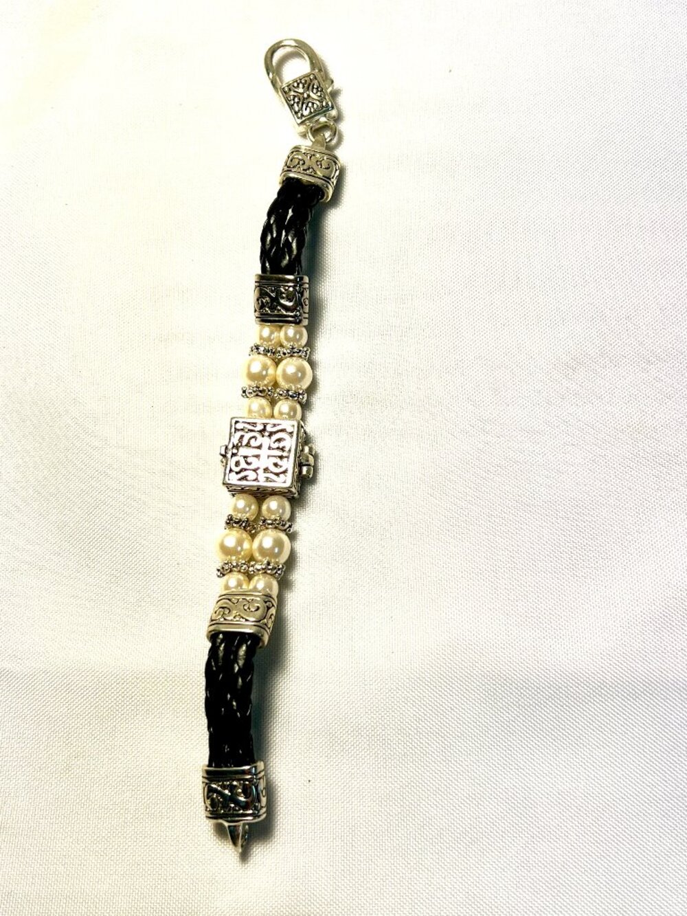 Black Braided Leather Faux Pearl Silver Scroll Locket Bracelet - SB6 D3